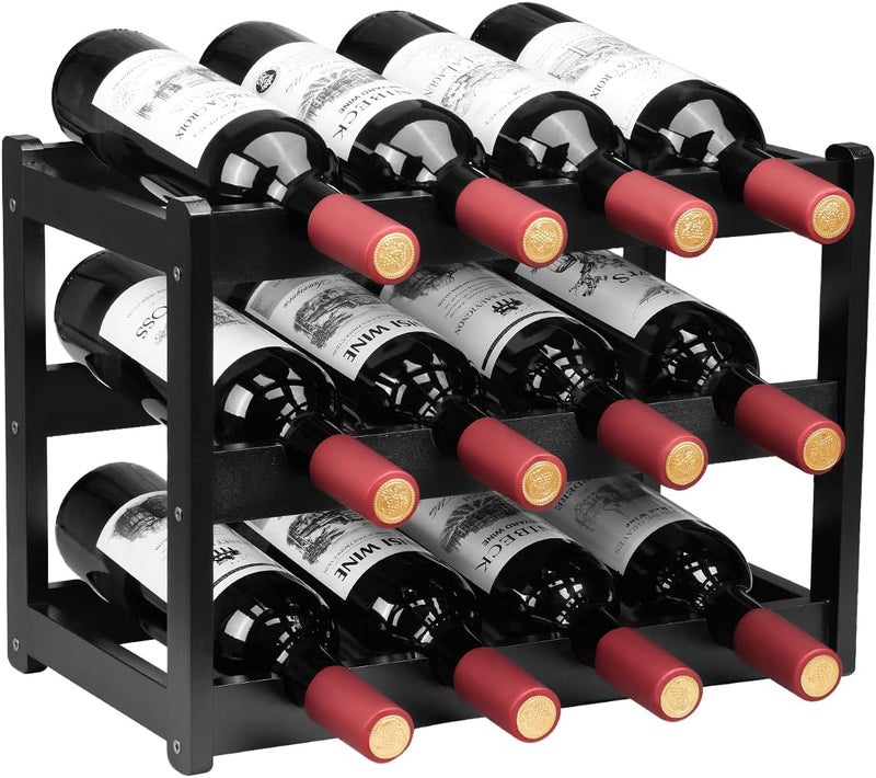 Homevany Bamboo Wine Rack, Sturdy and Durable Wine Storage Cabinet Shelf, Wine Racks Countertop for Pantry - 3 Tiers 12 Bottle Wine Rack, Black - Image 1